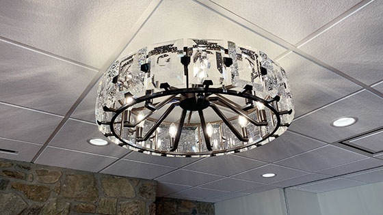 Fellowship Hall chandeliers, can lights, and 2x2 ceiling tiles