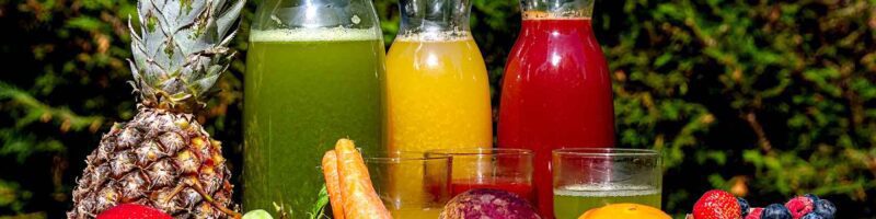 healthy plant-based juices and fresh fruits