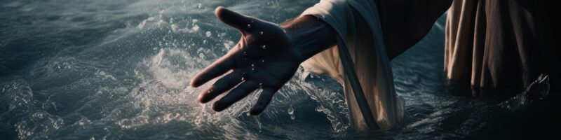 jesus' hand reaching down to grab someone who is drowning