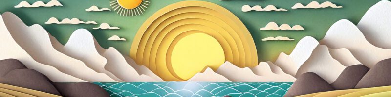 creation illustration with the sun rising over the mountains and a lake