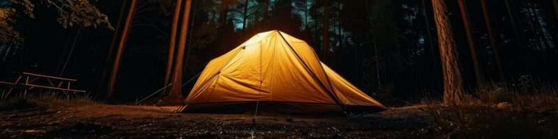 glowing tent at night among the tall tree with a starry sky above